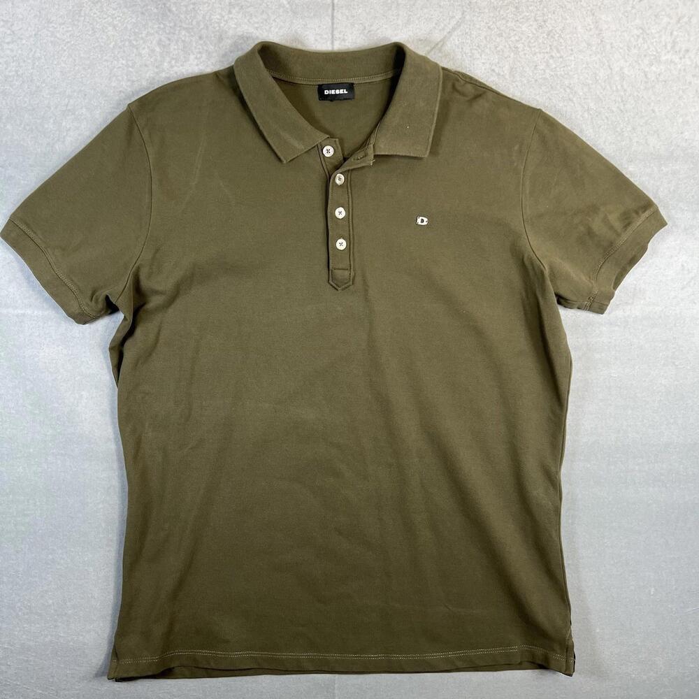 Diesel Polo Shirt Mens XL Olive Green Slim Button Pullover D Logo Y2K